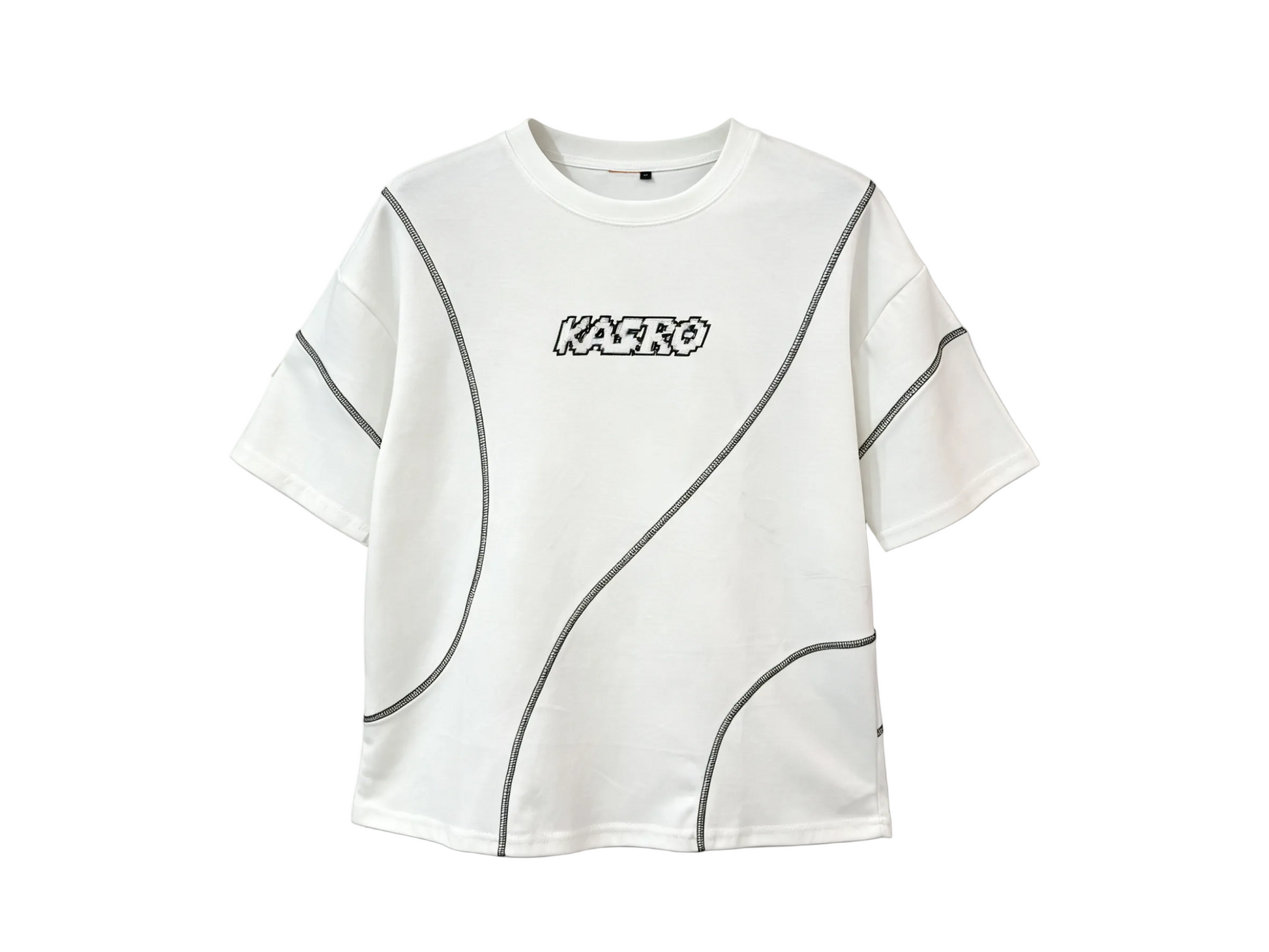 White streetwear T-shirt with curved black contrast seams and chest graphic