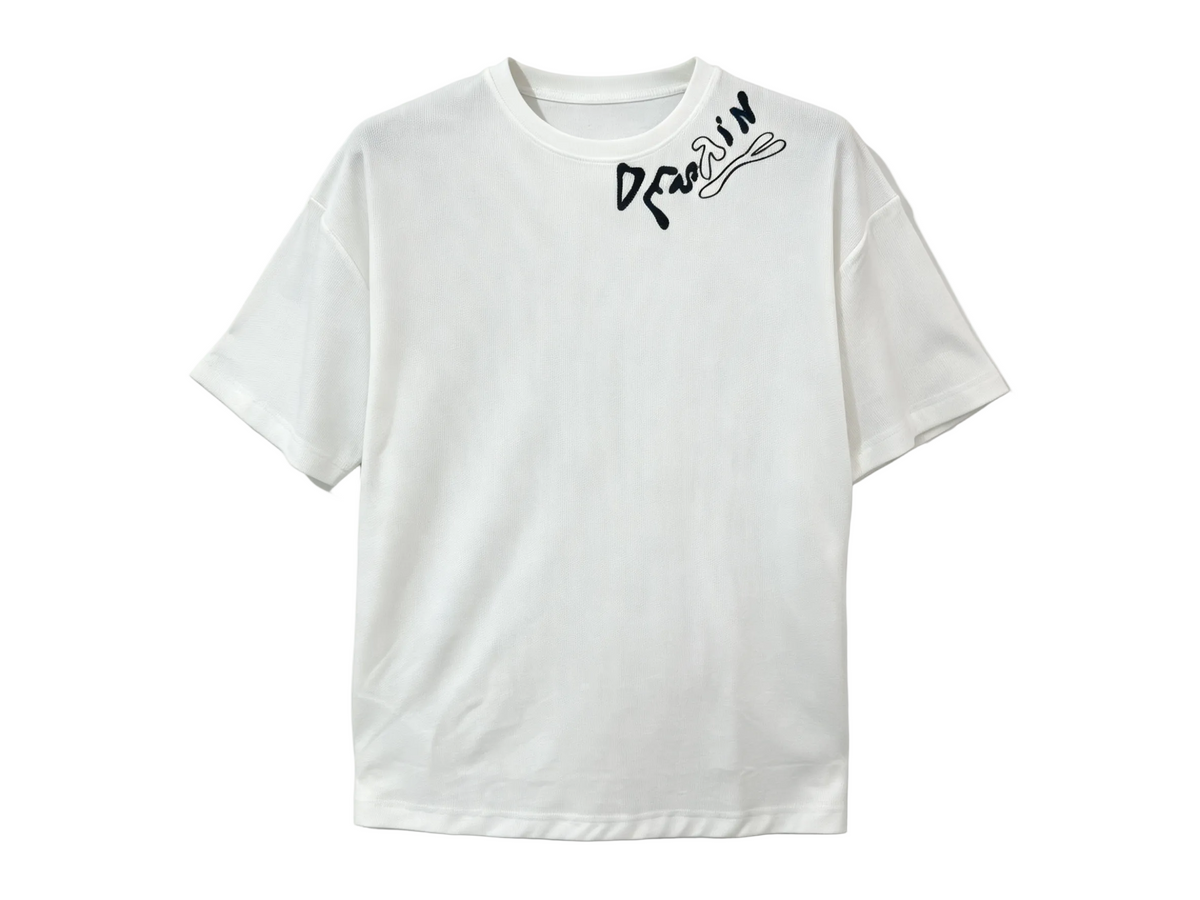 White relaxed-fit T-shirt with black script embroidery near the shoulder