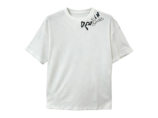 White relaxed-fit T-shirt with black script embroidery near the shoulder