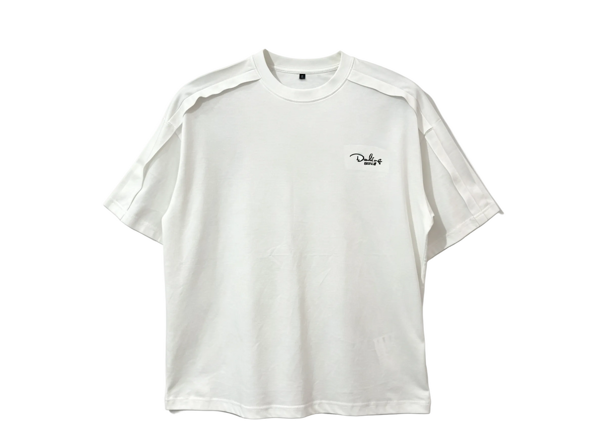 White relaxed-fit T-shirt with tonal shoulder tape and small chest graphic