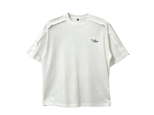 White relaxed-fit T-shirt with tonal shoulder tape and small chest graphic