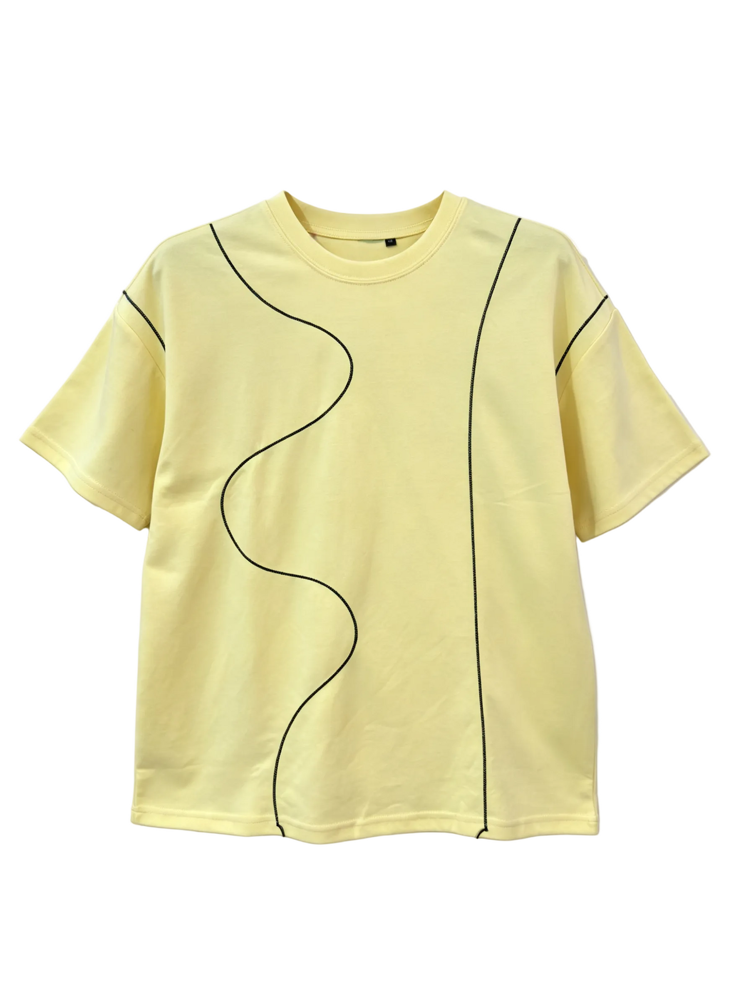 Yellow oversized T-shirt with black contrast wave stitching for wholesale