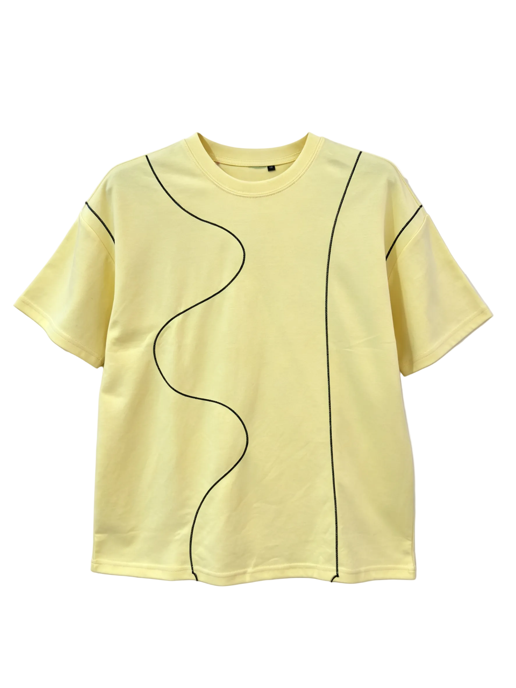 Yellow oversized T-shirt with black contrast wave stitching for wholesale