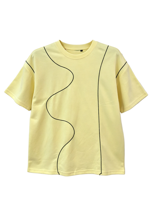 Yellow oversized T-shirt with black contrast wave stitching for wholesale